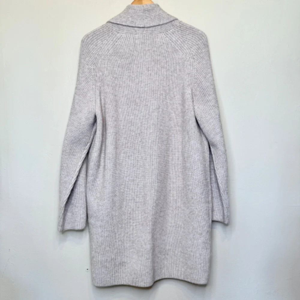 Ann Taylor | Shawl Collar Coatigan Open Front Oatmeal Knit Relaxed Cardigan - Picture 5 of 15